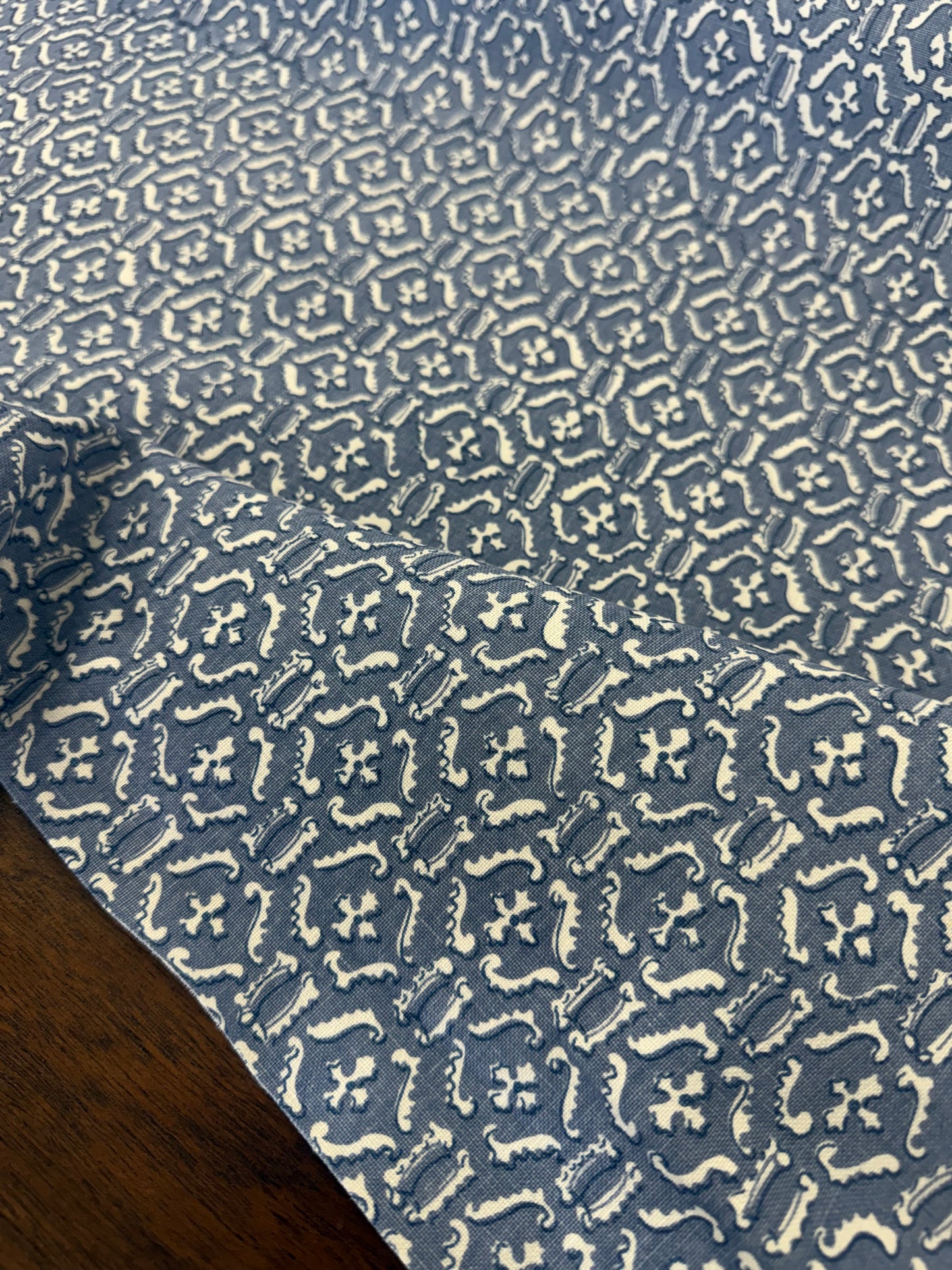 Raoul Textiles Ornamental Printed Linen Fabric- Remy / Delft Blue, 2-1/8