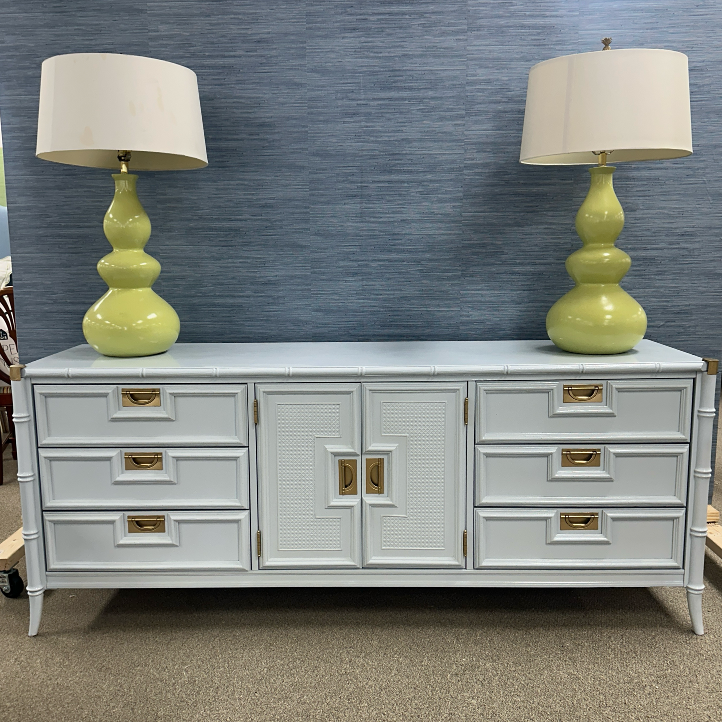 Faux bamboo dresser lacquered lighthouse blue