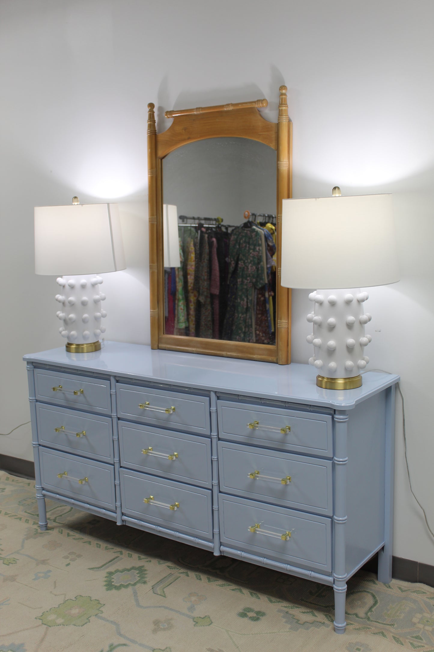 Faux Bamboo Dresser lacquered blue