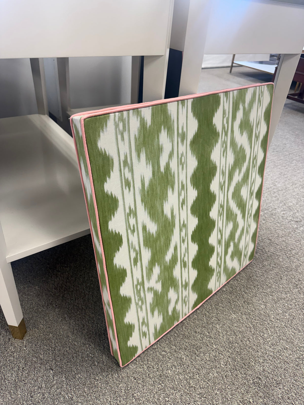 Upholstered Bulletin Board -green Ikat with Blush Trim