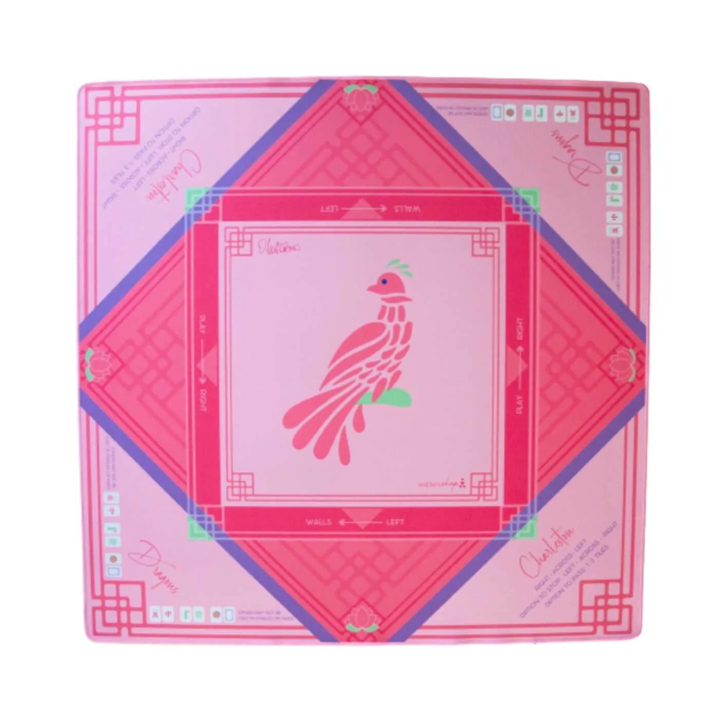Bird Bam Mahjong mat in light pink, hot pink and green and purple accents with a hot pink bird in the center.