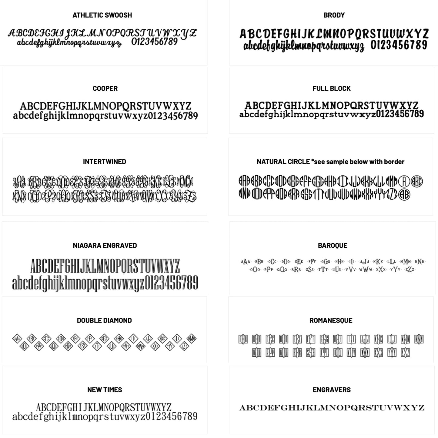 Embroidery font options by Winston's Collection