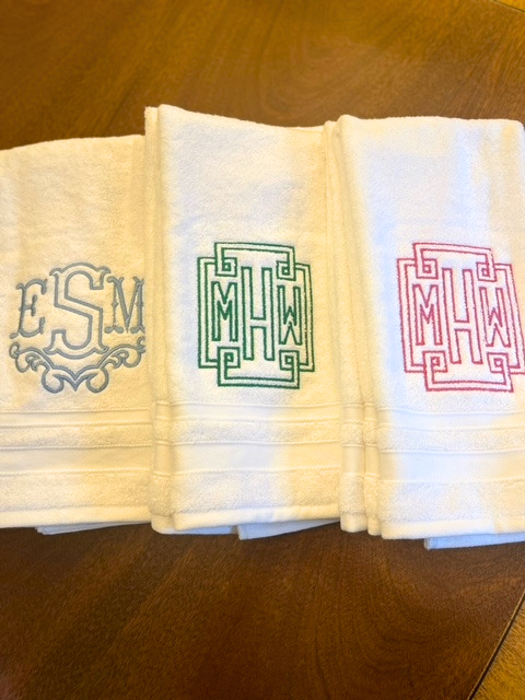 Embroidered towel monogram by Winston's Collection