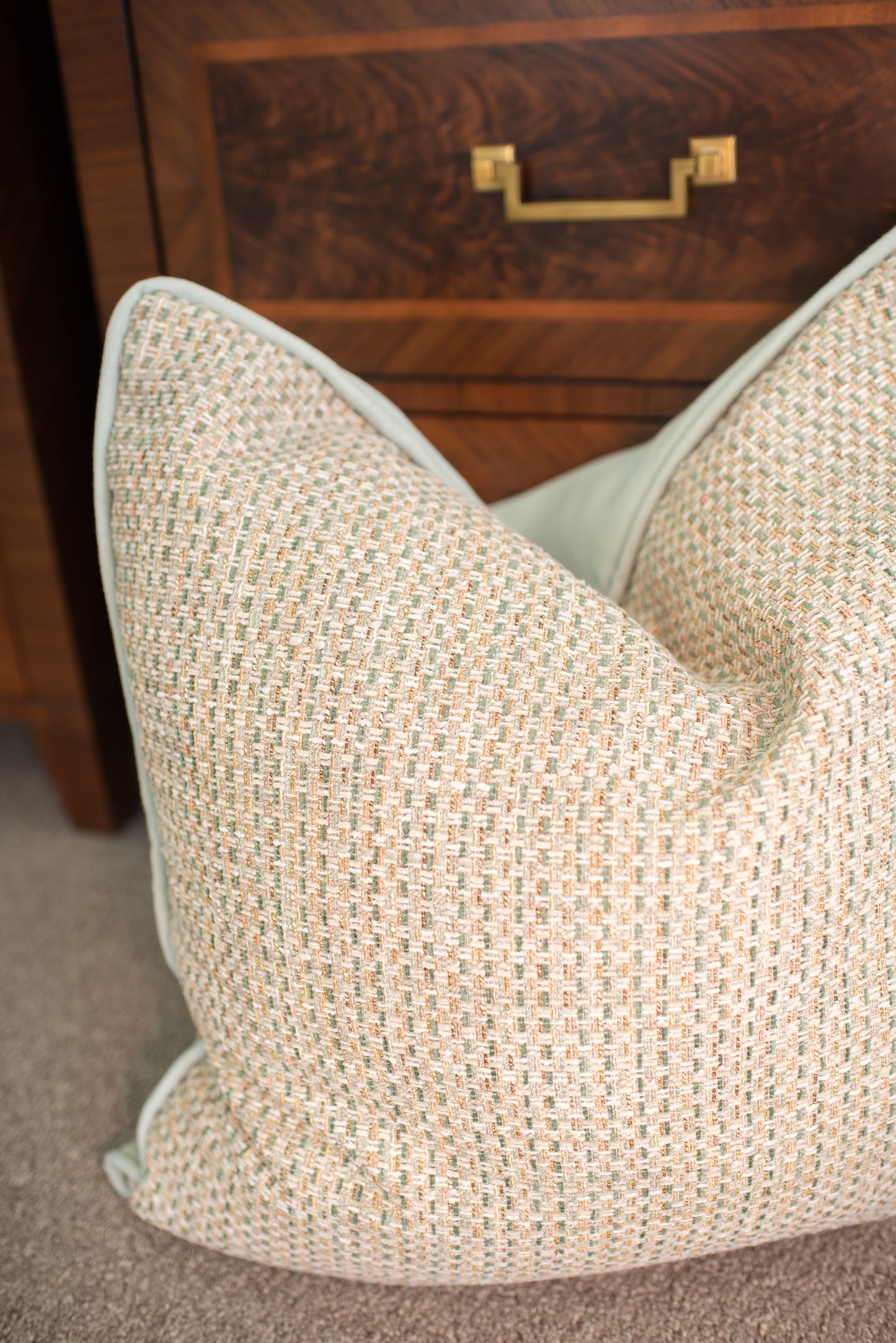 pink, green and blue tweed pillow