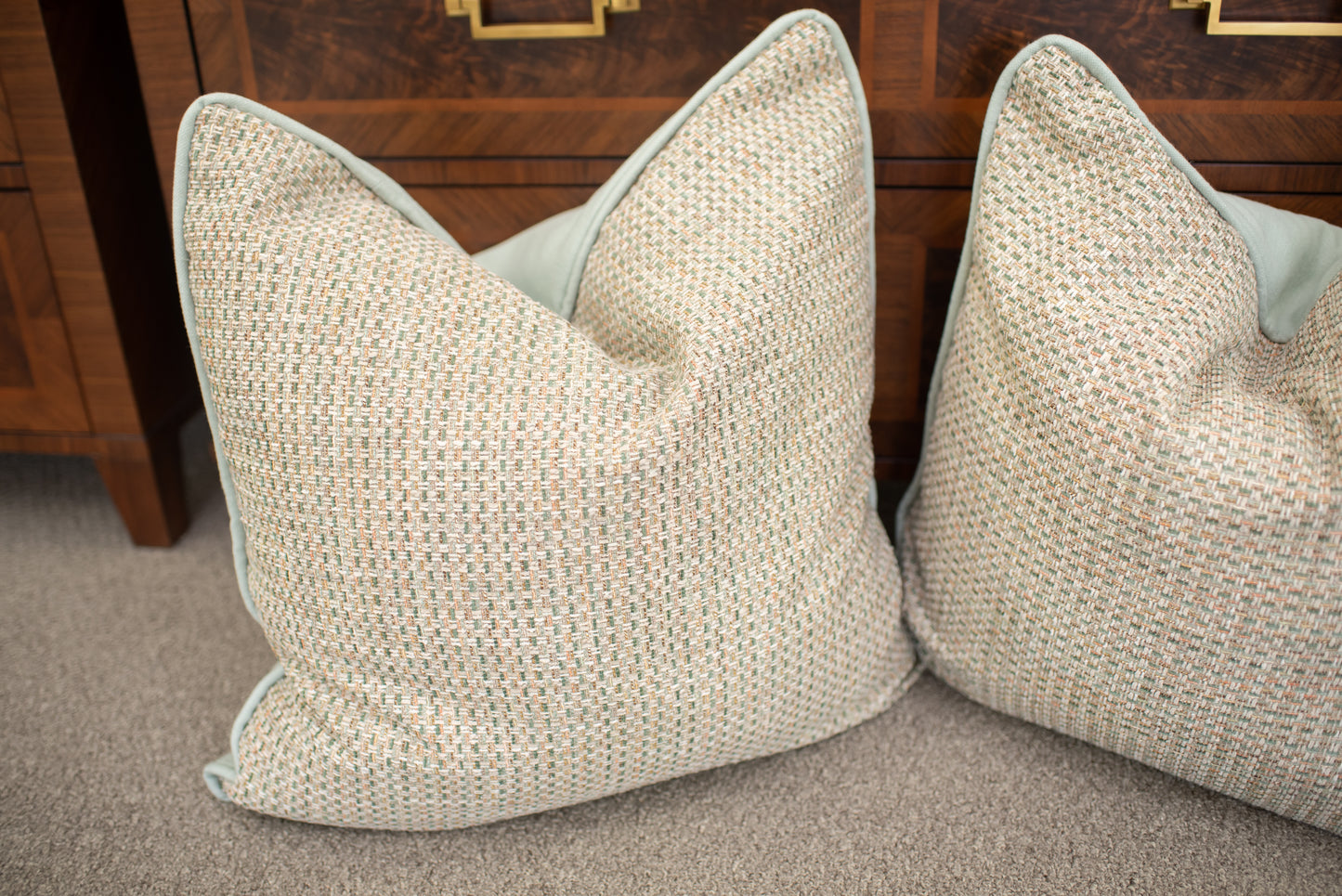 pink, green and blue tweed pillow