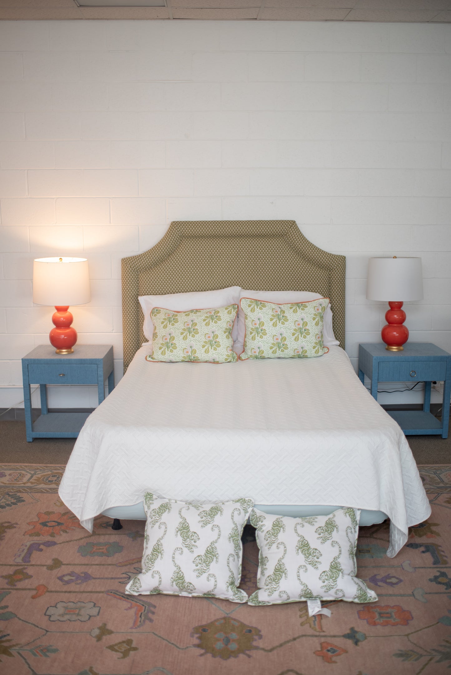 Queen Headboard in green Lacefield fabric