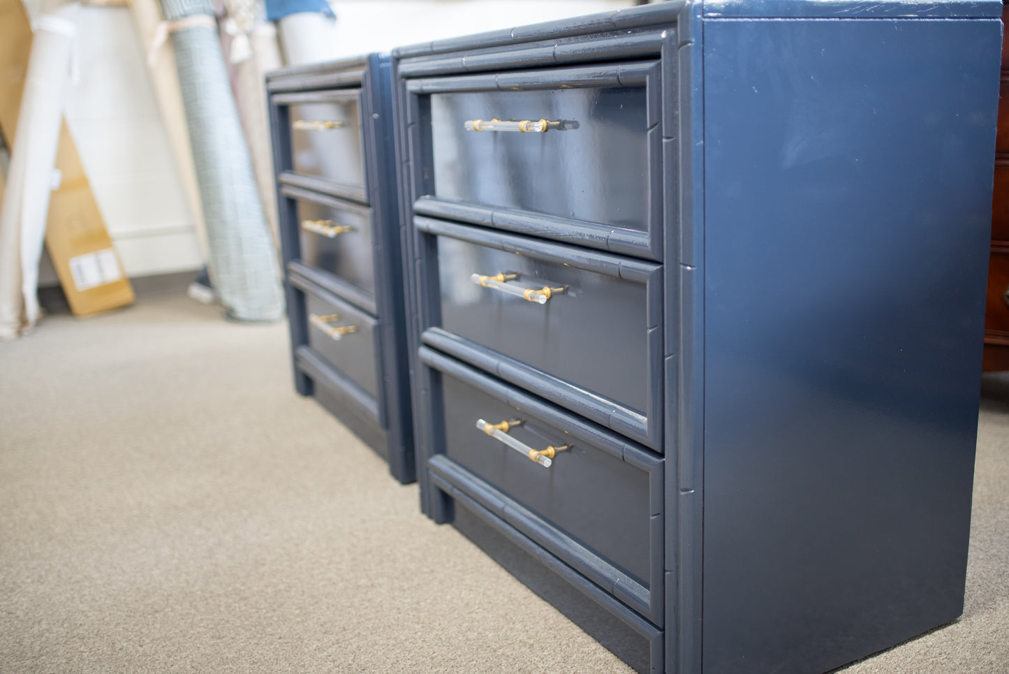 Pair of faux bamboo navy lacquered nightstands