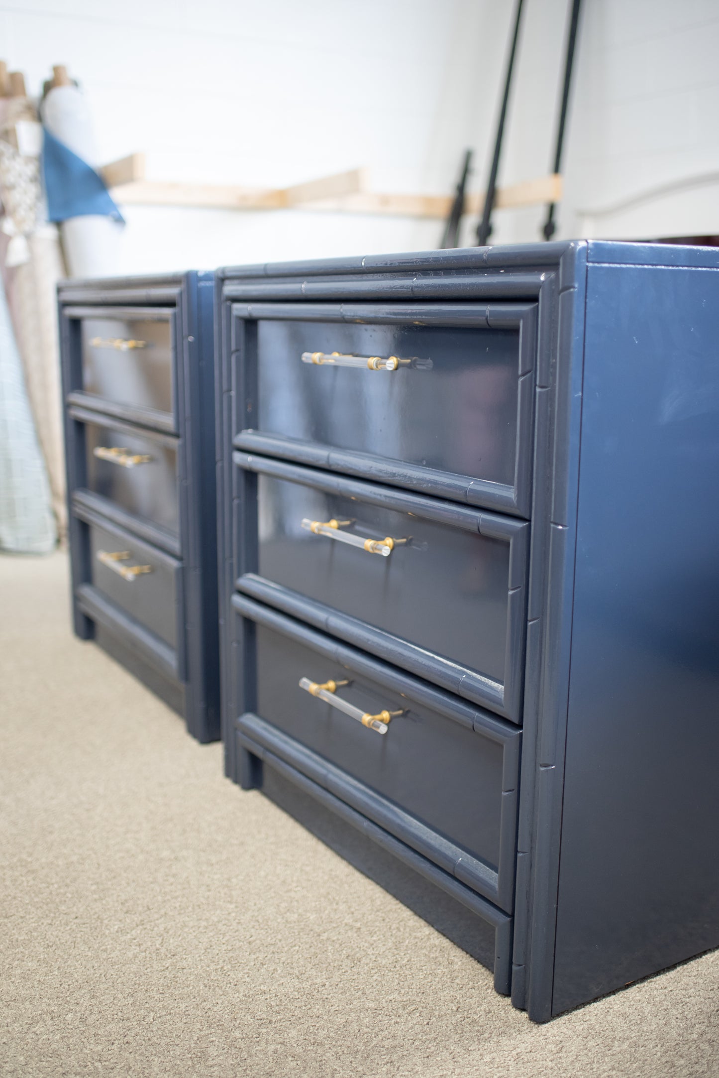 Pair of faux bamboo navy lacquered nightstands