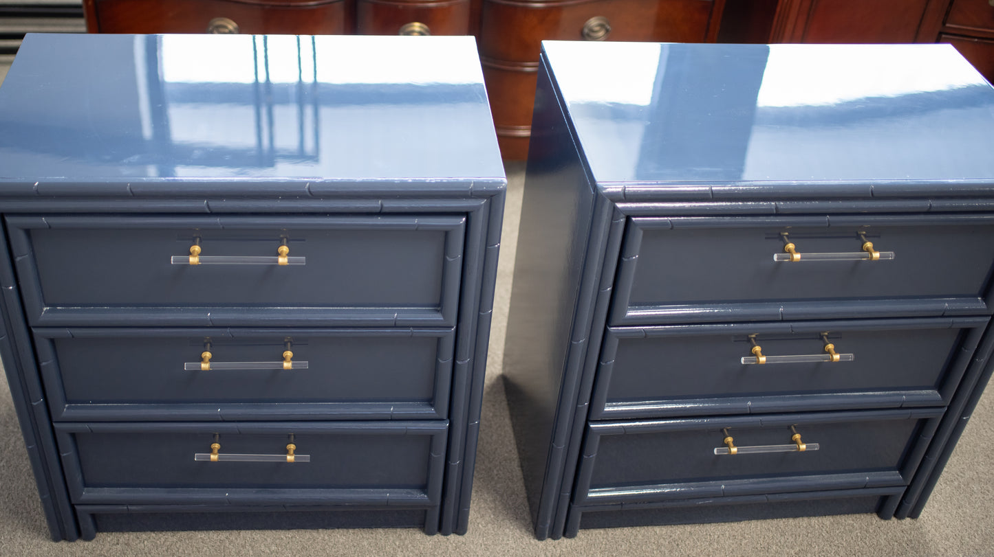 Pair of faux bamboo navy lacquered nightstands