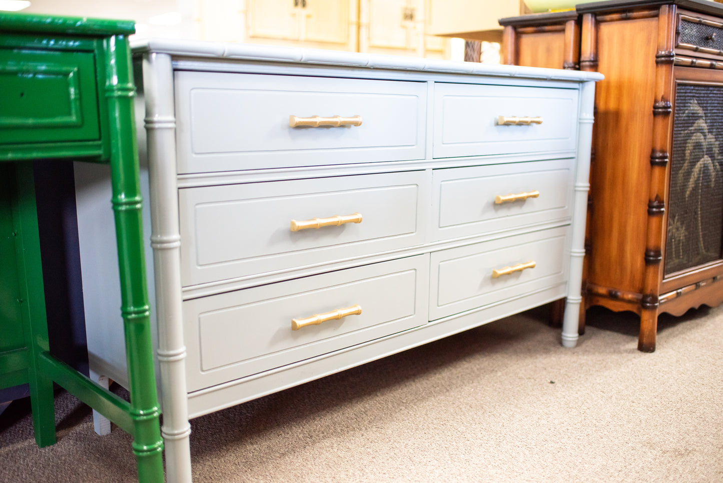 Faux bamboo dresser lacquered light gray