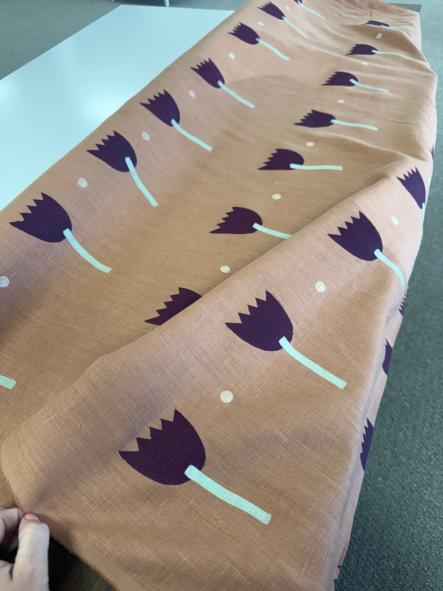 Schumacher Tulip Play Hand Block Print Violet on Rust, 2 yards
