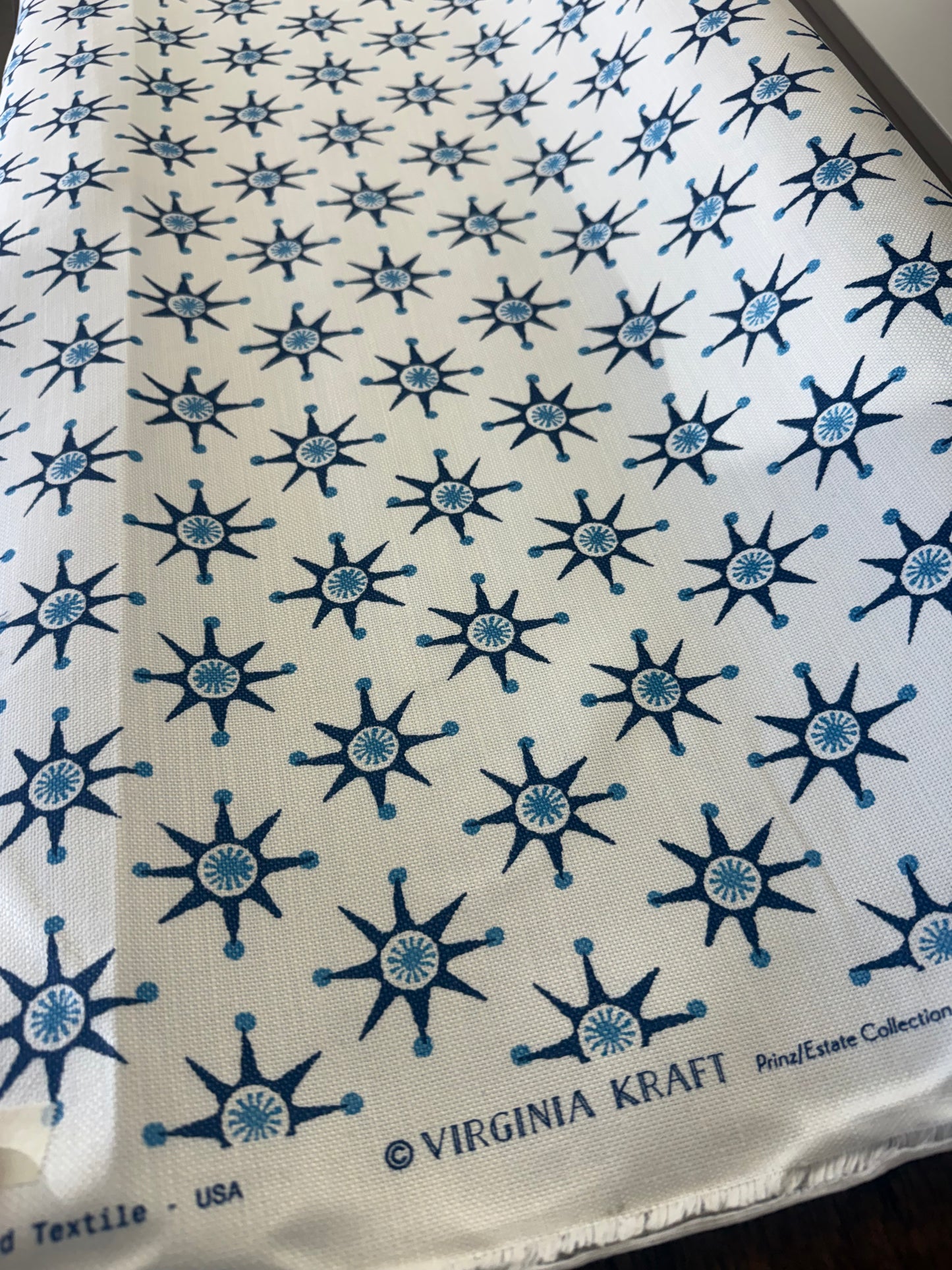 Virginia Kraft Textiles Star Linen Cotton Print Fabric- Priz/ Indigo  2.8 Yards