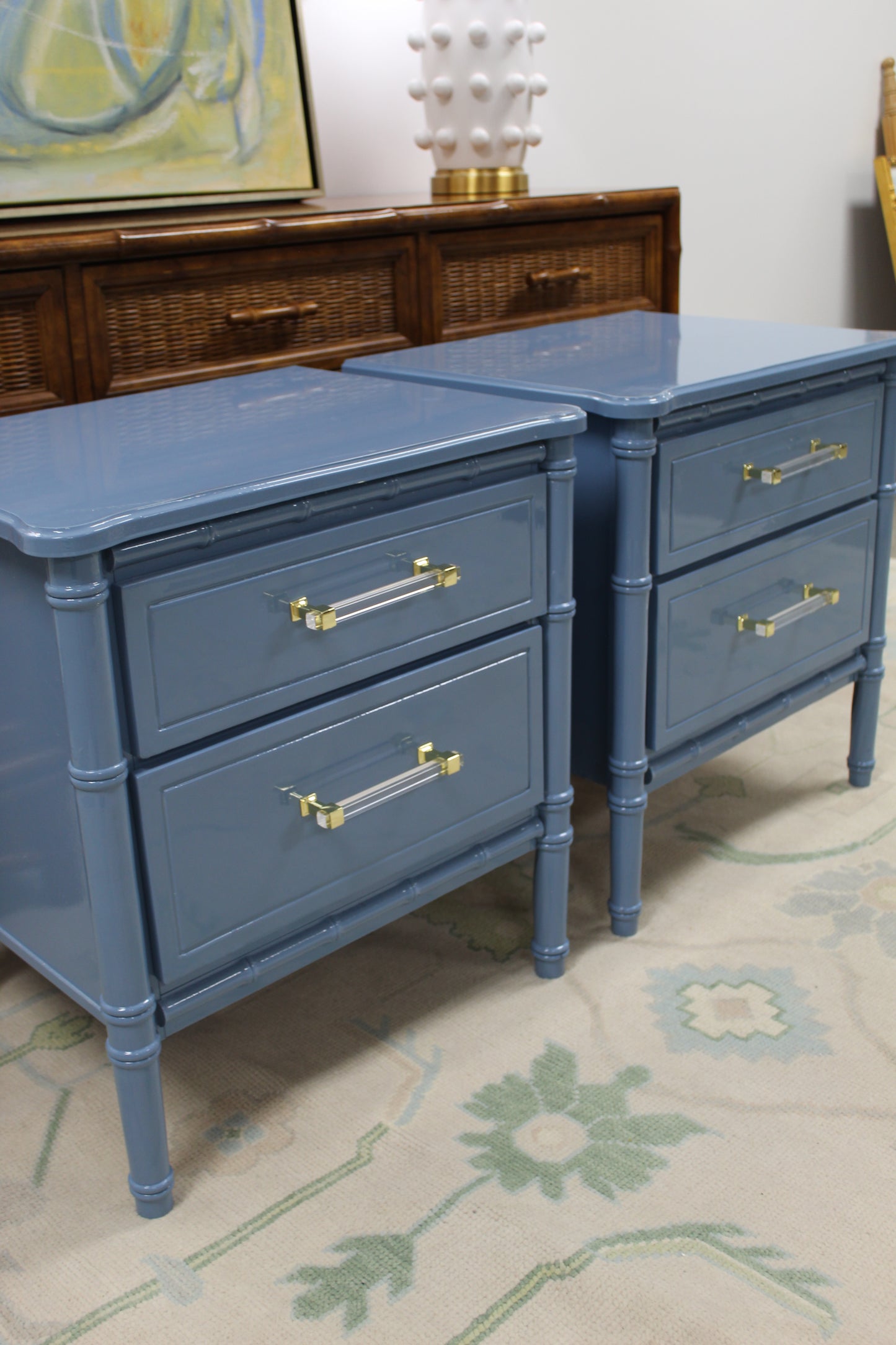 Faux Bamboo nightstands lacquered blue