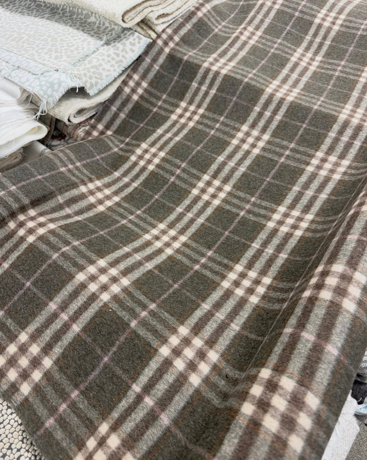 Brown wool plaid with a pink/ purple and orange stripe 1.4 yards