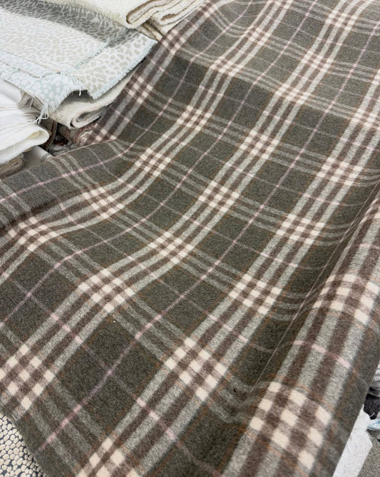 Brown wool plaid with a pink/ purple and orange stripe 1.4 yards