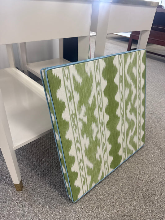 Upholstered Bulletin Board -Olive Ikat with Sky Blue Trim