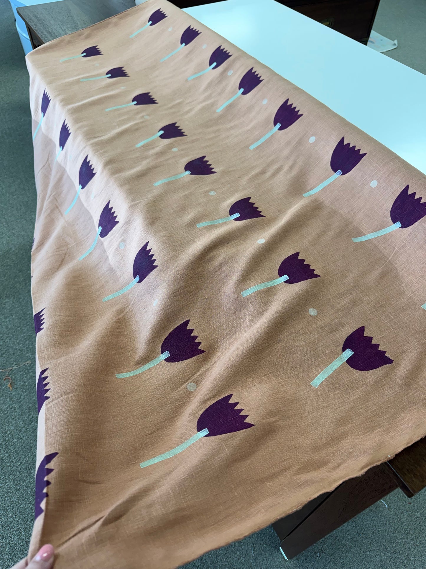 Schumacher Tulip Play Hand Block Print Violet on Rust, 2 yards