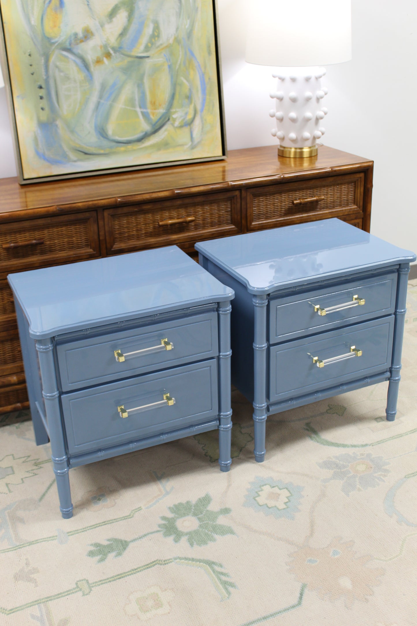 Faux Bamboo nightstands lacquered blue