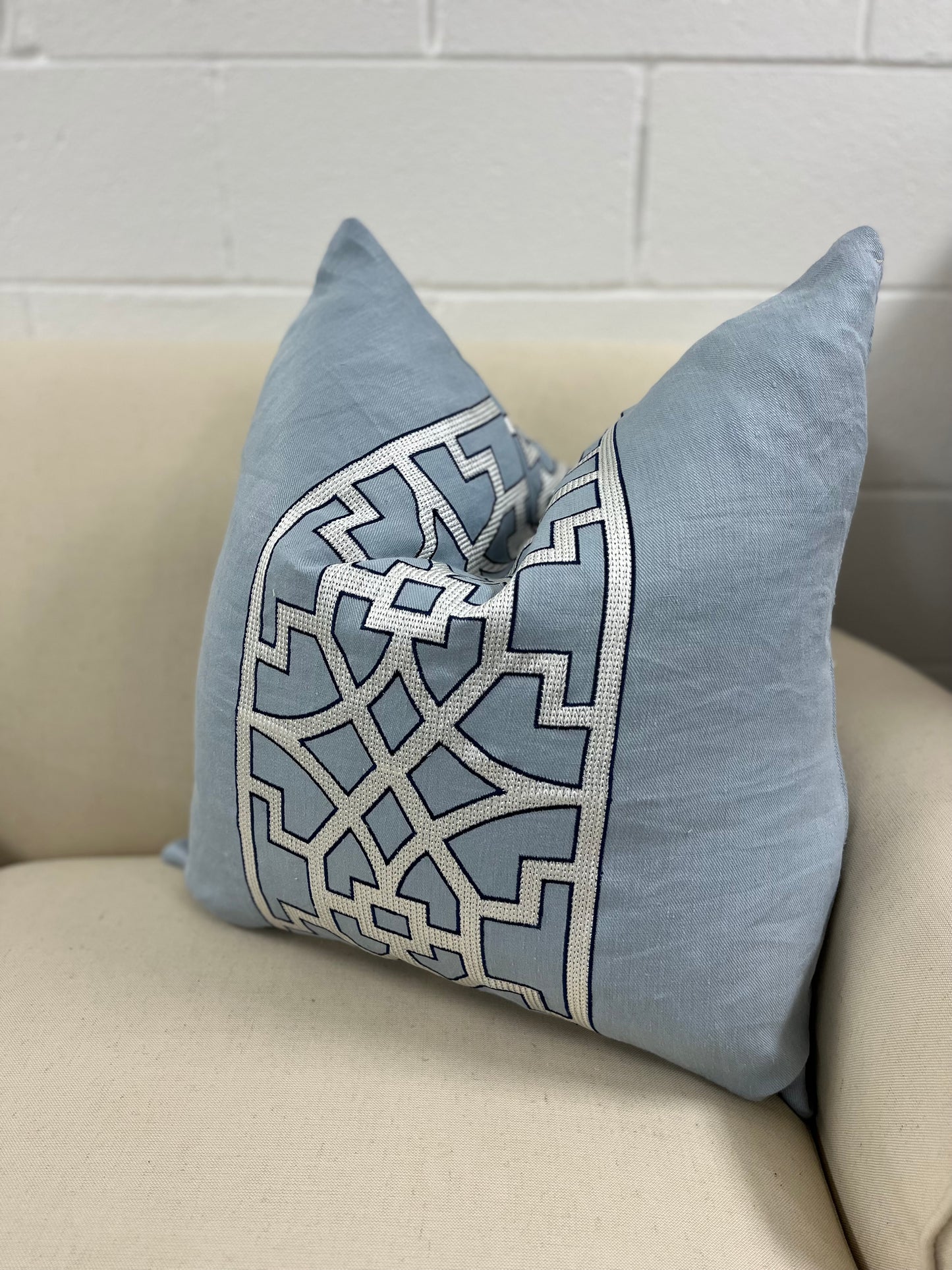 Schumacher blue Don’t Fret pillow