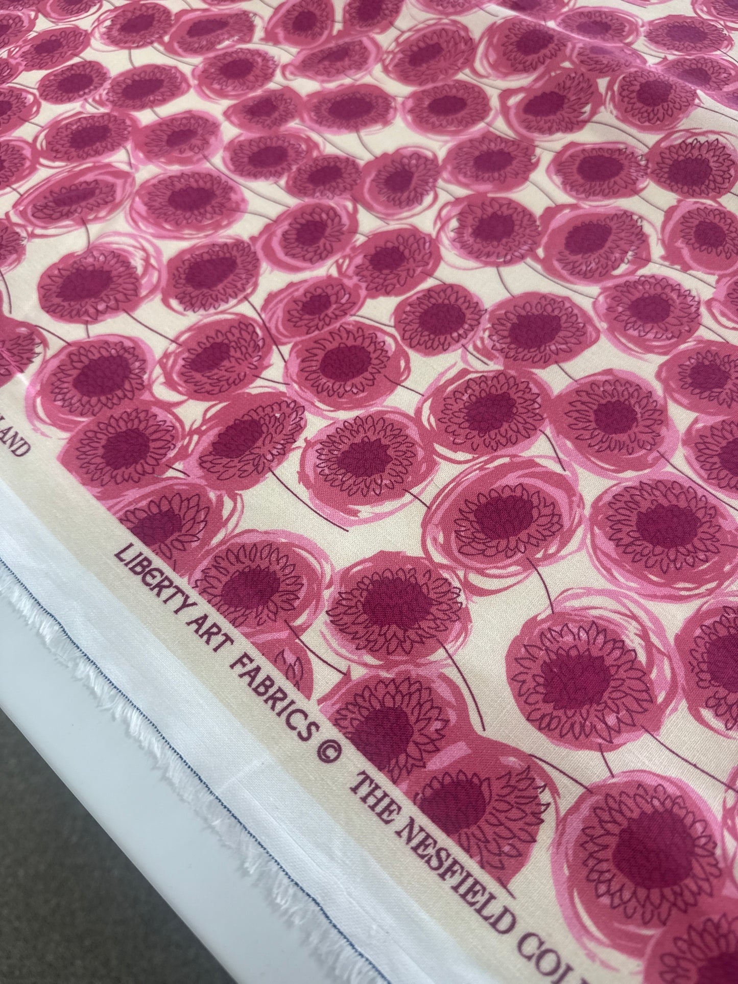 Liberty Art, "Field of Xanthe", linen, pink, by the yard