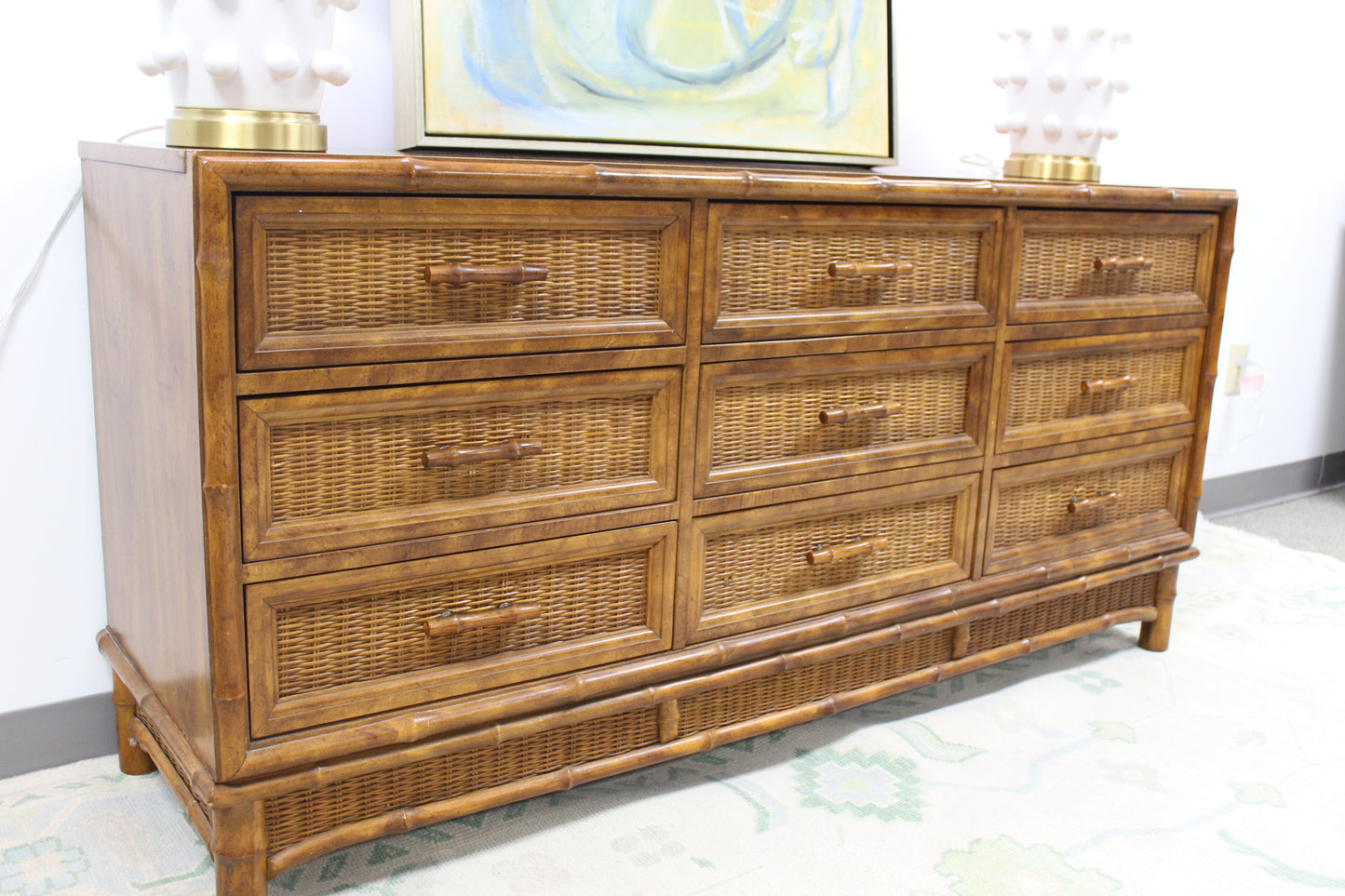 Faux bamboo dresser with wicker drawers