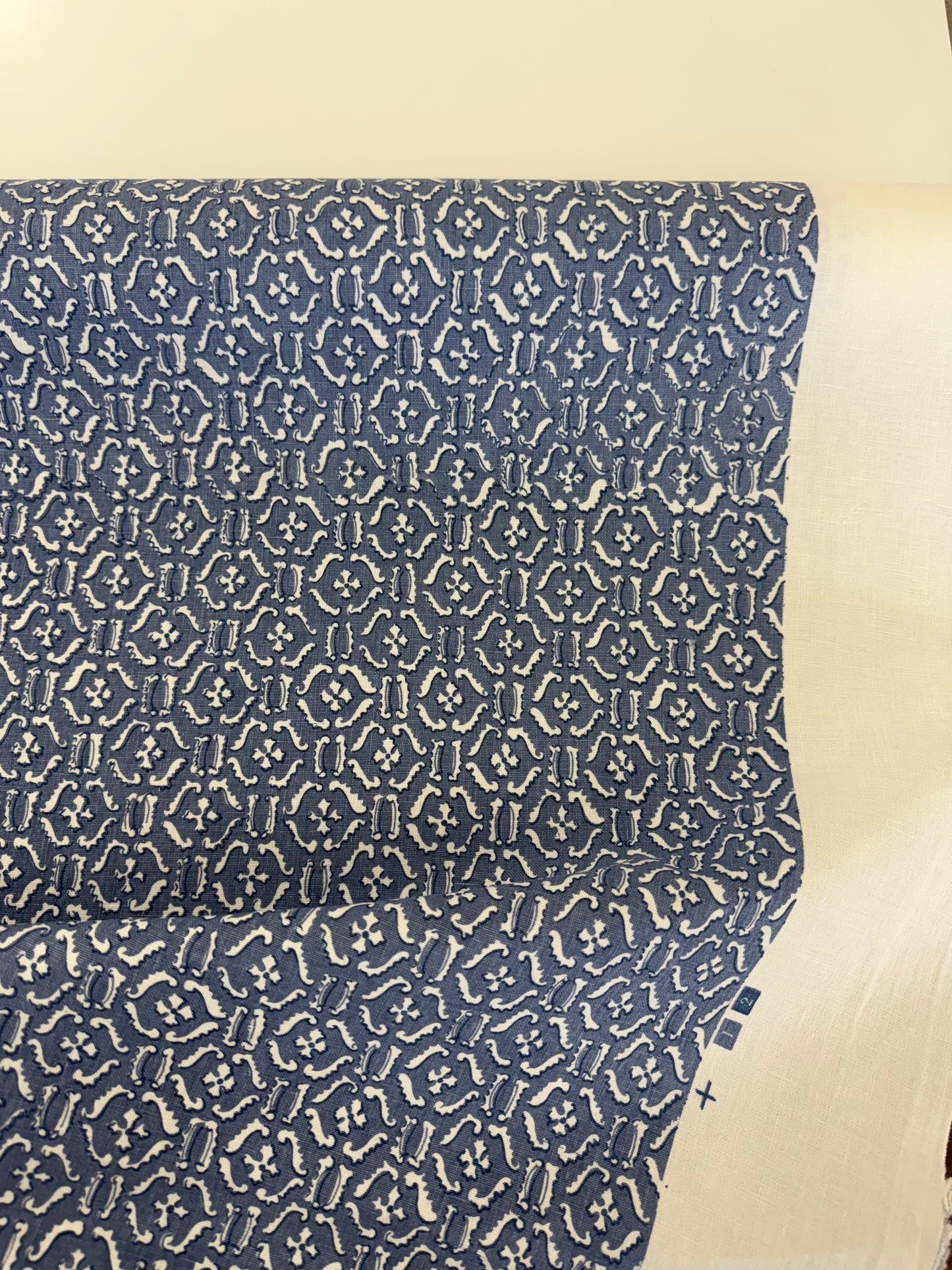 Raoul Textiles Ornamental Printed Linen Fabric- Remy / Delft Blue, 2-1/8