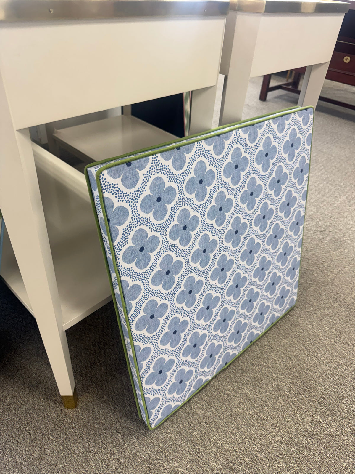 Upholstered Bulletin Board -Blue Floral with Green Trim