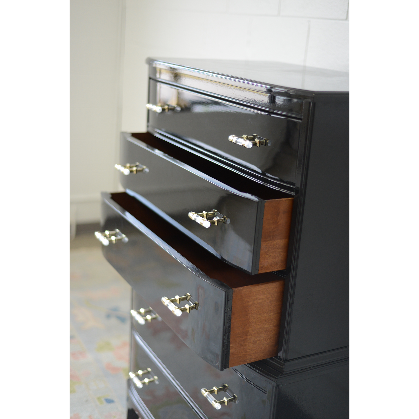 Traditional chest lacquered Black with lucite pulls